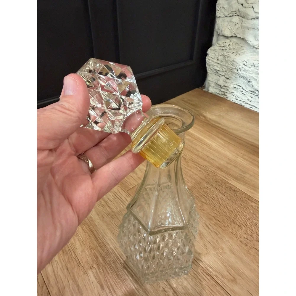 Vintage Clear Pressed Glass Decanter Diamond Point Hexagon Base with Stopper 12